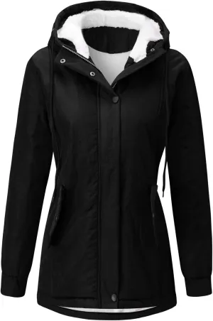 Women Faux Fur Hooded Parka Coats Winter Fleece Sherpa Lined Mid Length Jacket Winter Outwear Windproof Warm Jackets