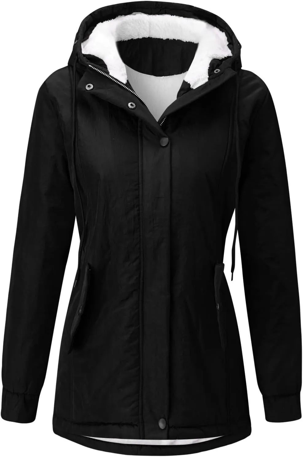 Women Faux Fur Hooded Parka Coats Winter Fleece Sherpa Lined Mid Length Jacket Winter Outwear Windproof Warm Jackets