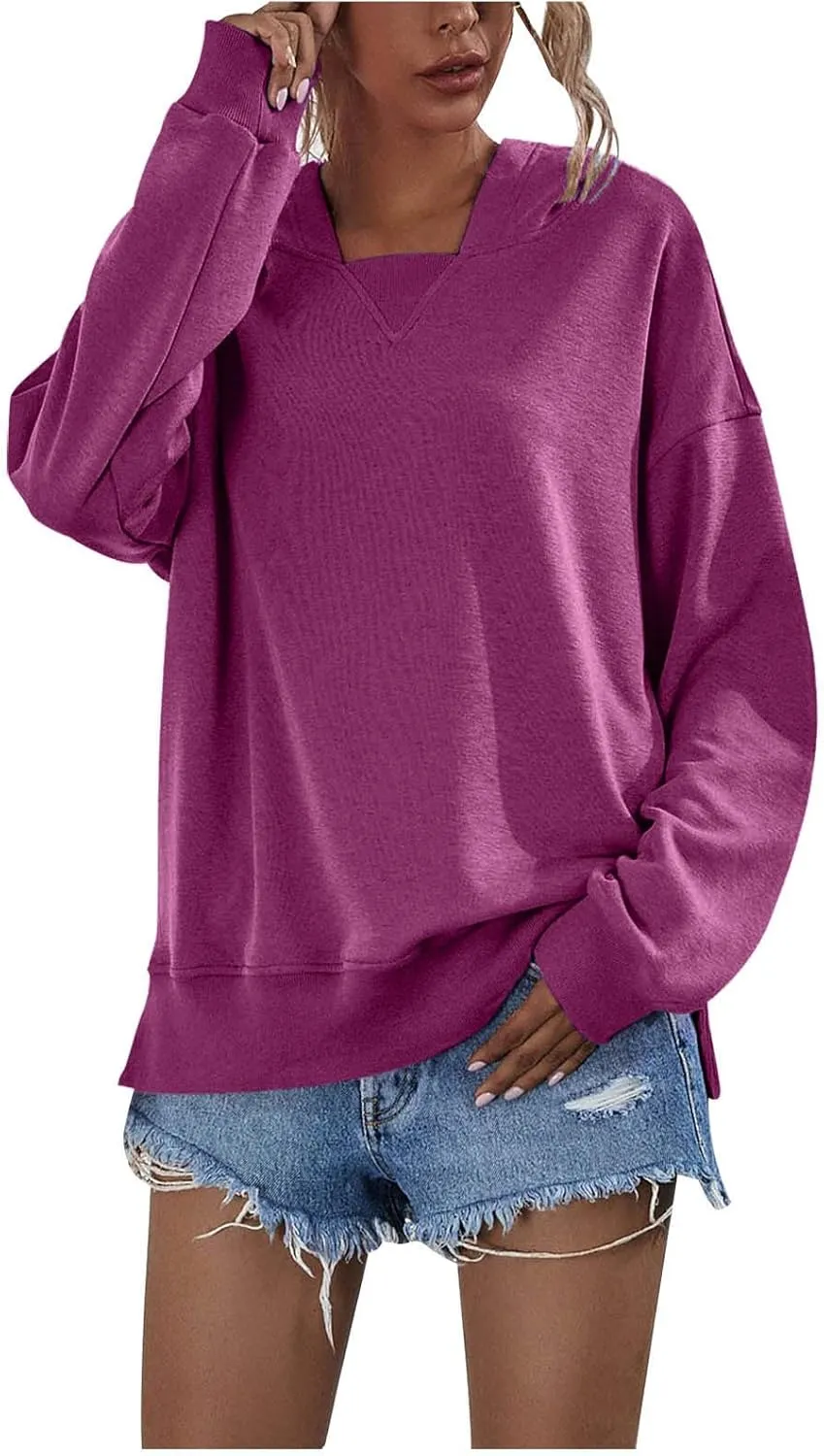 Women Hoodies Casual Long Sleeve Sweatshirt Solid Color Loose Pullover Tops 2023 Plus Size Fall Blouses Shirts