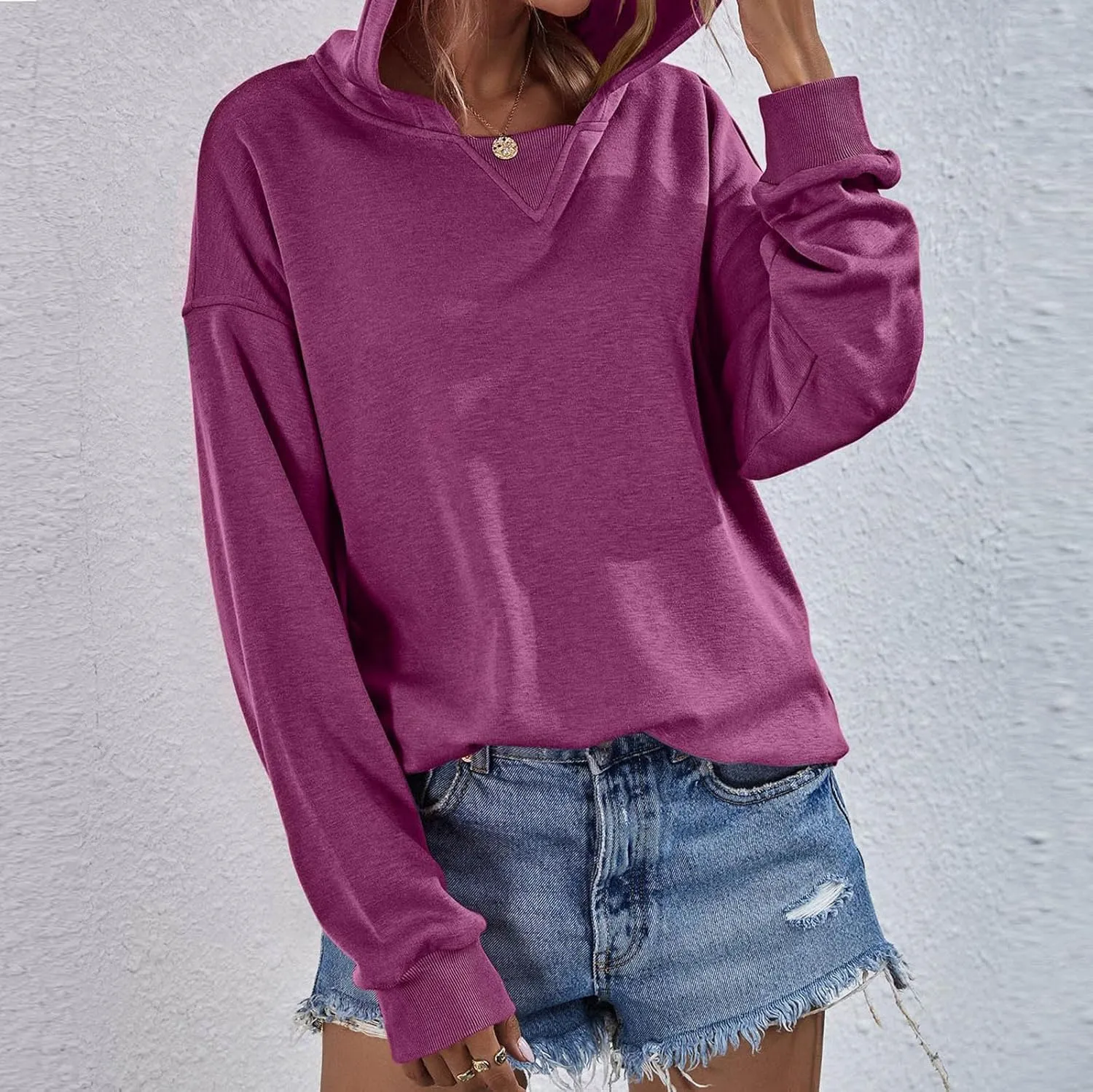 Women Hoodies Casual Long Sleeve Sweatshirt Solid Color Loose Pullover Tops 2023 Plus Size Fall Blouses Shirts
