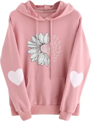 Women Hoodies Daisy Graphic Long Sleeve Pullover Drawstring Tops 2024 Fall Loose Floral Print Sweatshirt with Pockets