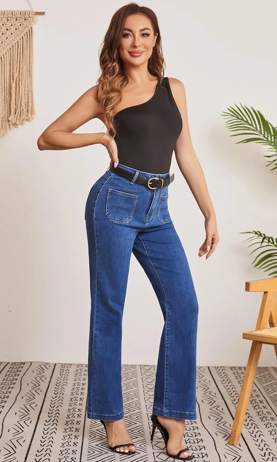 Women Jeans Straight High Waisted Stretchy Trendy Pants with Pocket Jeans for Women