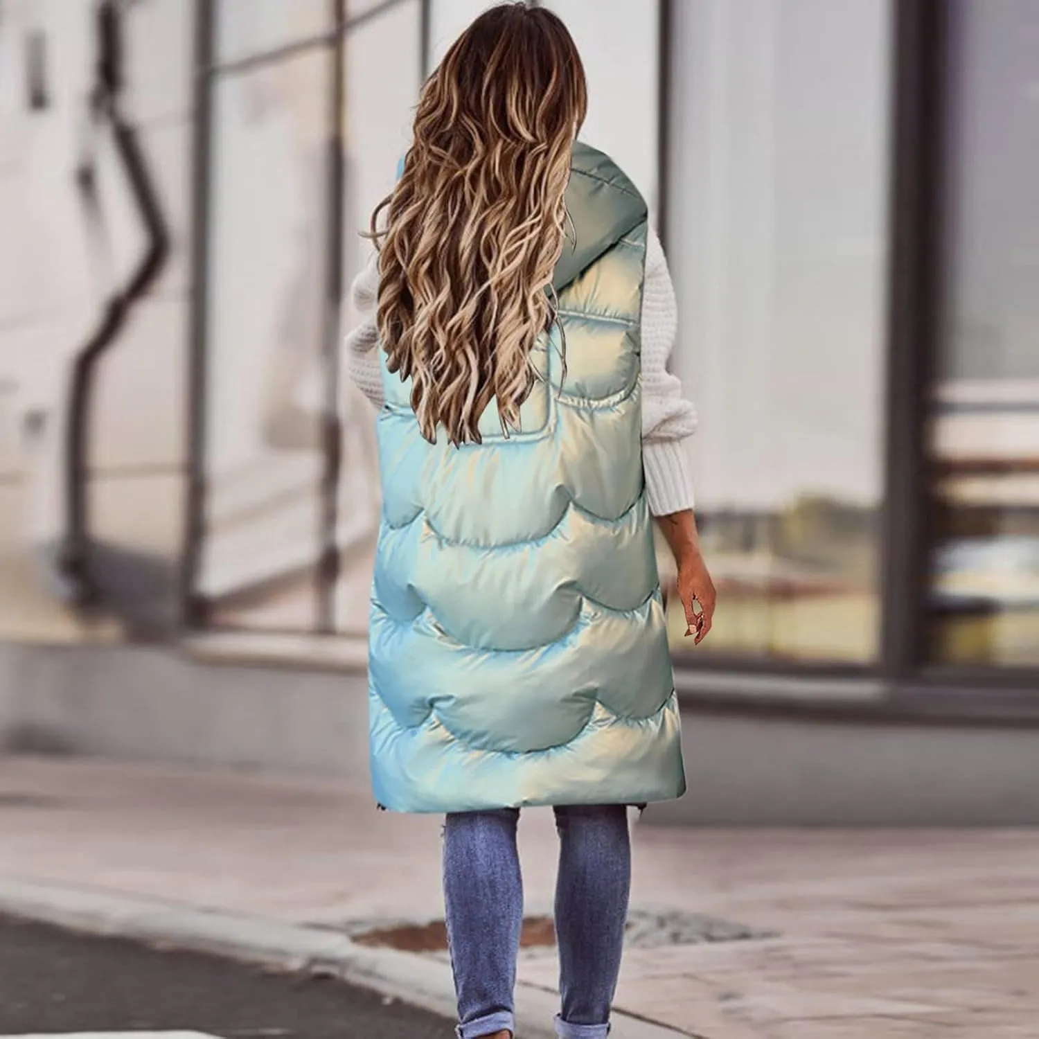Women Lightweight Puffer Vest Packable Long Winter Coat Zip Up Quilted Jackets Hooded Sleeveless Plus Size Warm Vest