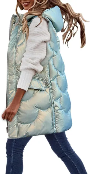 Women Lightweight Puffer Vest Packable Long Winter Coat Zip Up Quilted Jackets Hooded Sleeveless Plus Size Warm Vest