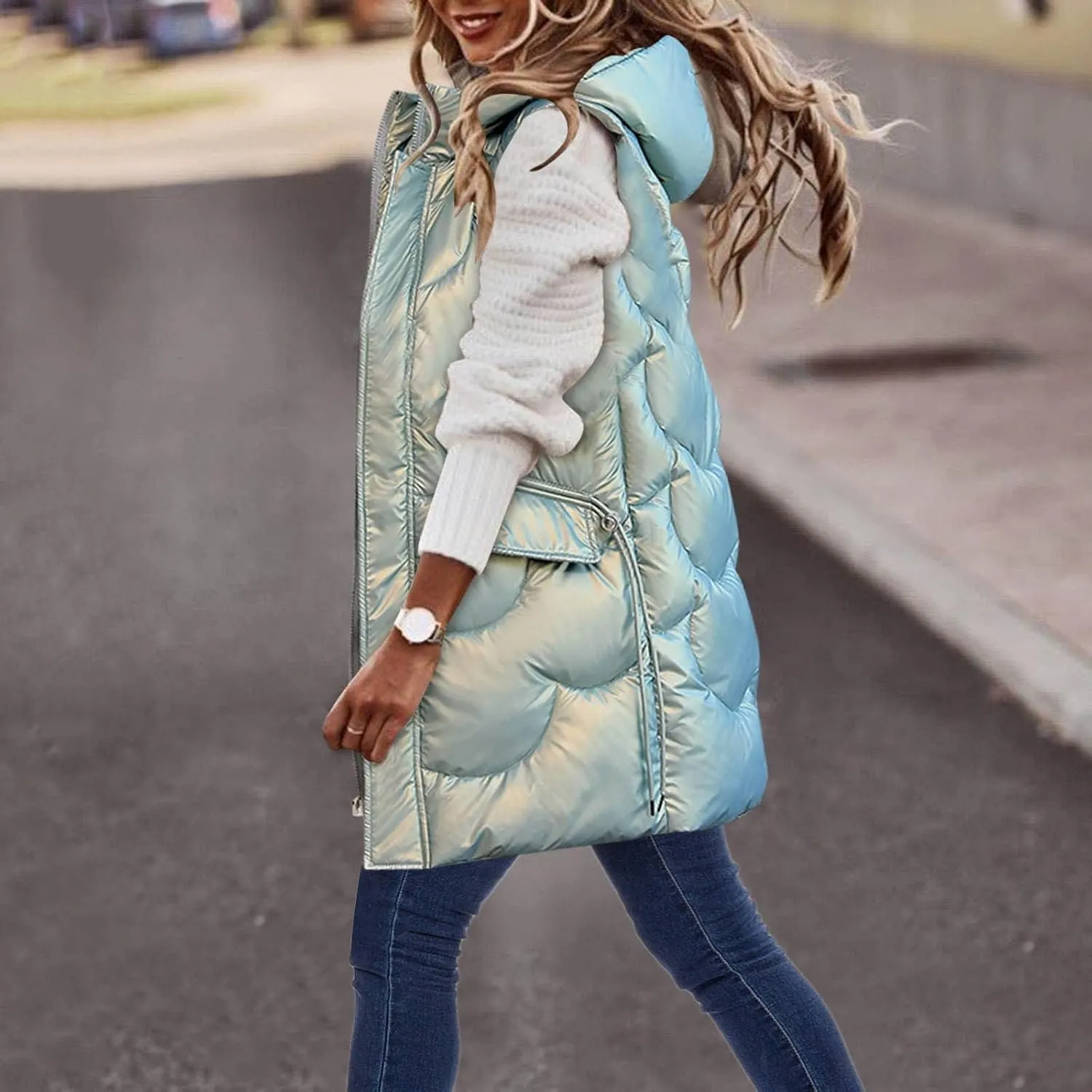Women Lightweight Puffer Vest Packable Long Winter Coat Zip Up Quilted Jackets Hooded Sleeveless Plus Size Warm Vest