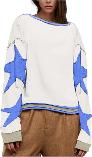 Women Oversize Sweatshirts Crewneck Long Sleeve Star Print Casual Loose Pullover Fall Fashion 2024 Clothes Tops
