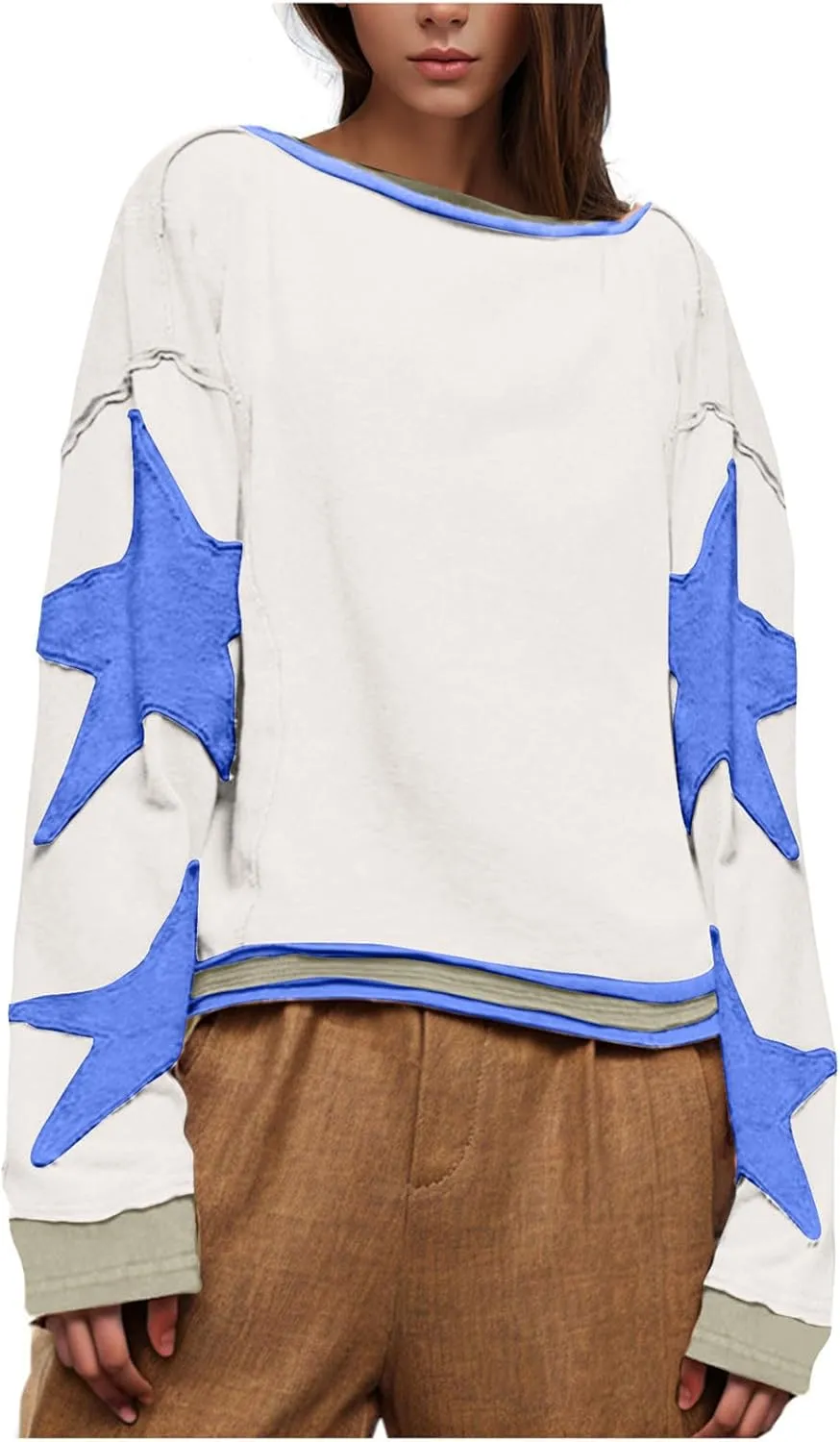 Women Oversize Sweatshirts Crewneck Long Sleeve Star Print Casual Loose Pullover Fall Fashion 2024 Clothes Tops