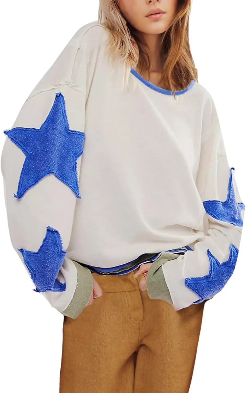 Women Oversize Sweatshirts Crewneck Long Sleeve Star Print Casual Loose Pullover Fall Fashion 2024 Clothes Tops