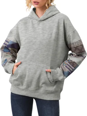 Women Patchwork Hoodies Oversized Fleece Graphic Flower Hooded Sweatshirts Vintage Floral Pullover Sweatshirt Top