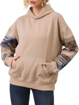Women Patchwork Hoodies Oversized Fleece Graphic Flower Hooded Sweatshirts Vintage Floral Pullover Sweatshirt Top