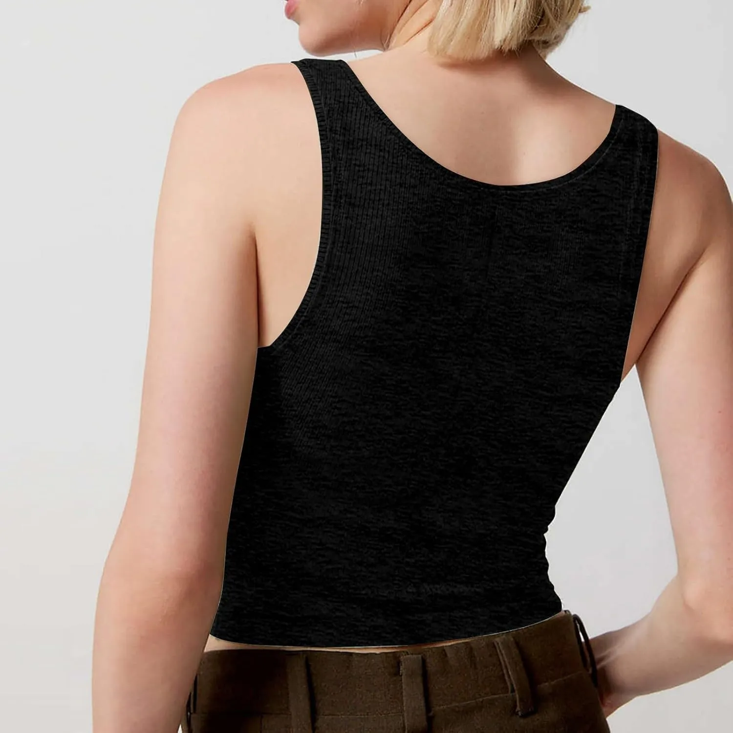 Women Ribbed Tank Top Pleated Square Neck Sleeveless Basic Fitted Crop Tops Y2K Henley Vest Petite