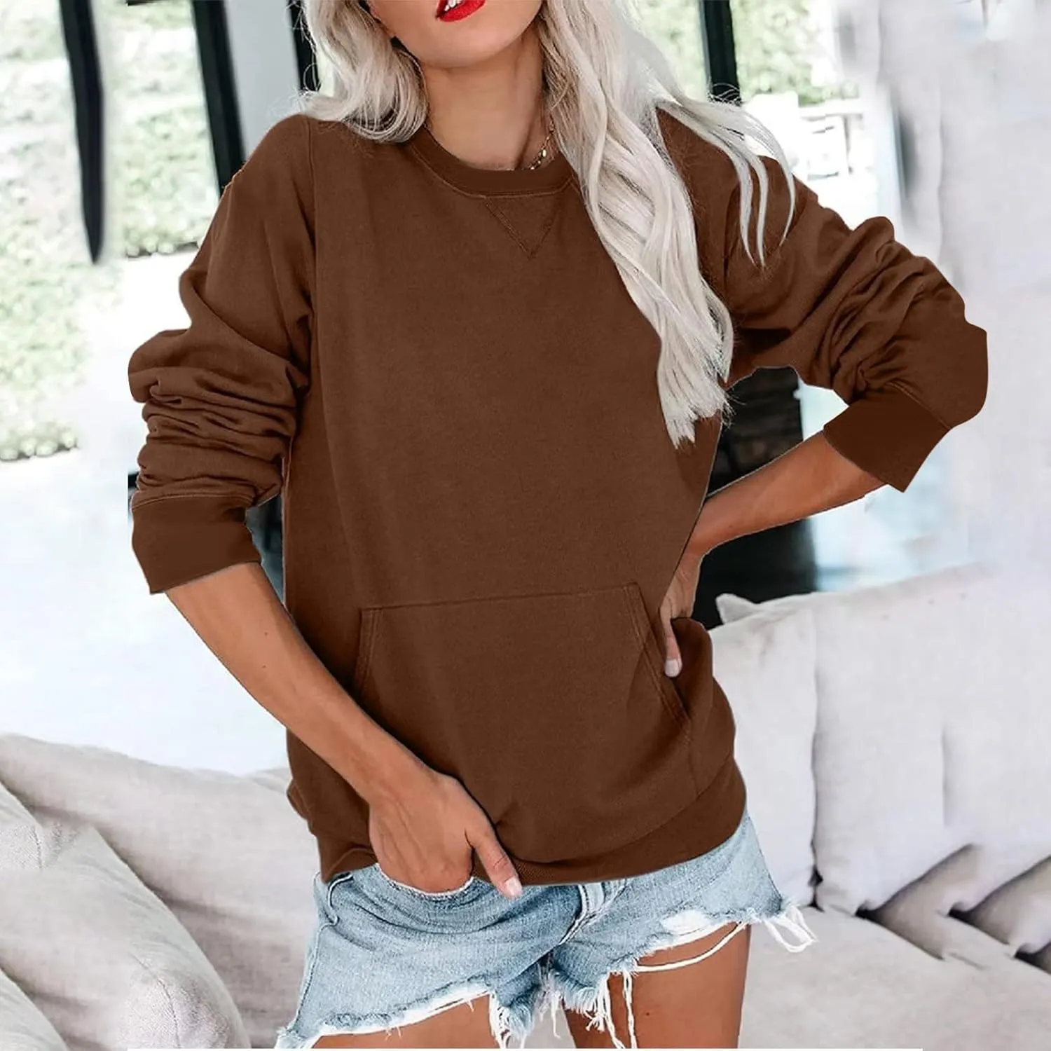 Women Round Neck Pullover Shirts Long Sleeve Solid Color Casual Sweatshirt Loose Fit Casual Tops with Pocket Fall Clothes