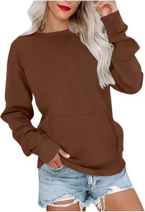 Women Round Neck Pullover Shirts Long Sleeve Solid Color Casual Sweatshirt Loose Fit Casual Tops with Pocket Fall Clothes