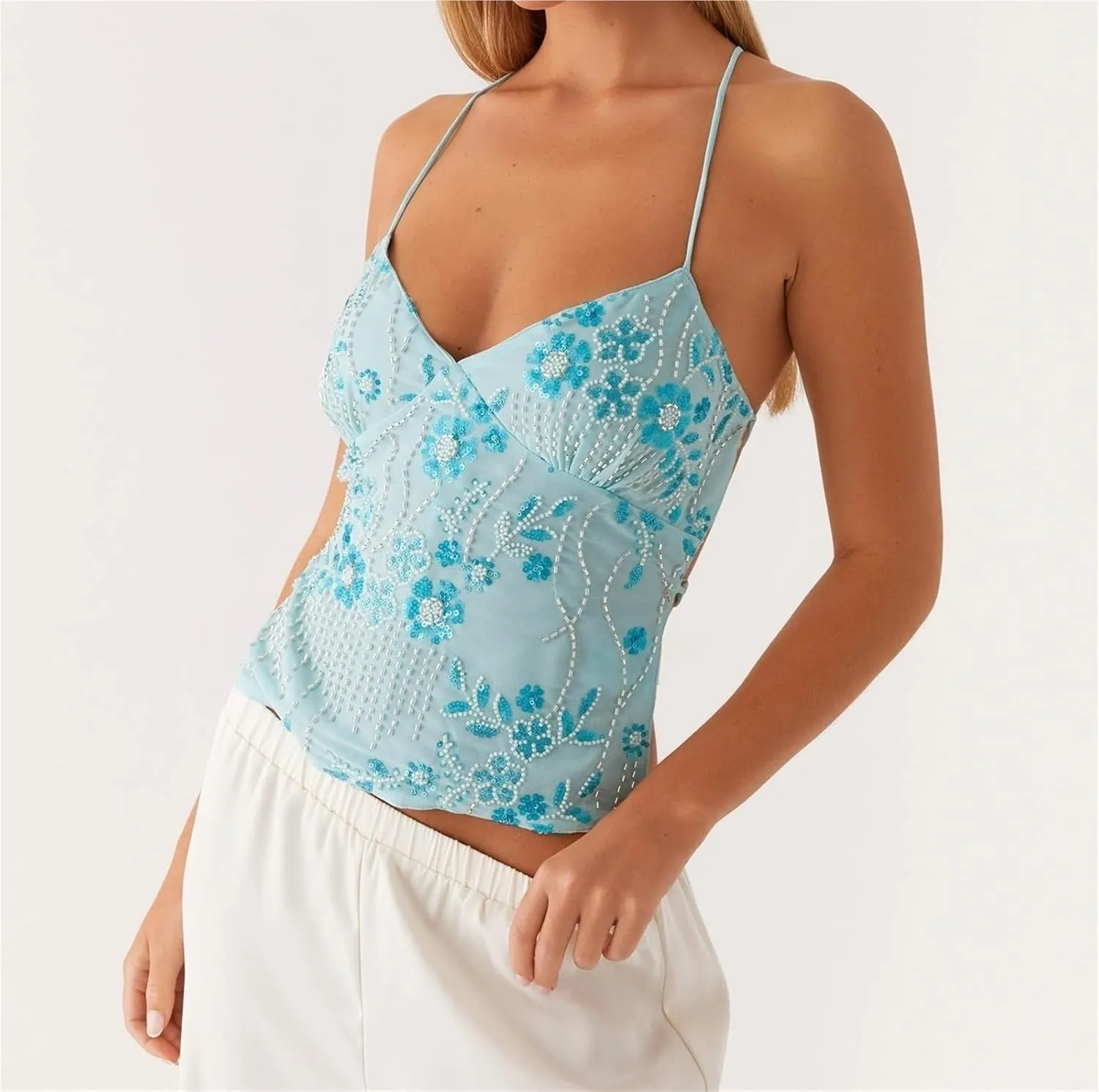 Women Sequin Cami Top Sleeveless V Neck Camisole Open Back Summer Crop Embroidered Beaded Back Lace-up Top