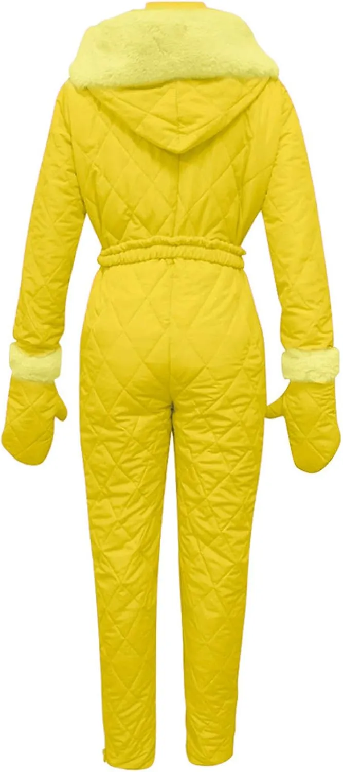 Women Snowboard Skisuit Outdoor Sports Ski Suit Thick Snow Playsuit Jumpsuits Zipper Fur Hoodie Onesie, Large