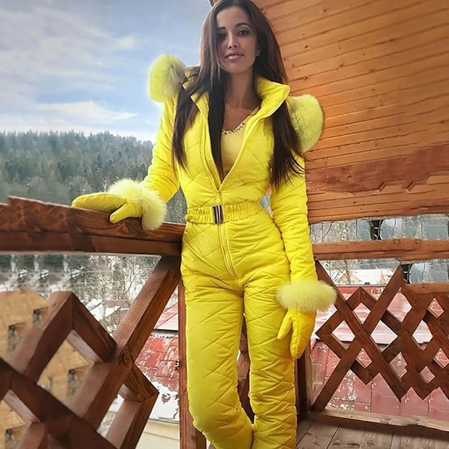 Women Snowboard Skisuit Outdoor Sports Ski Suit Thick Snow Playsuit Jumpsuits Zipper Fur Hoodie Onesie, Large
