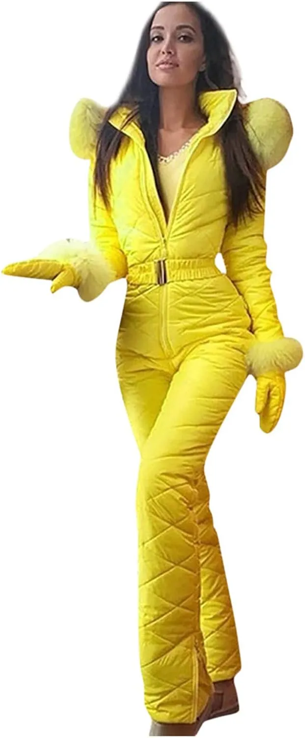 Women Snowboard Skisuit Outdoor Sports Ski Suit Thick Snow Playsuit Jumpsuits Zipper Fur Hoodie Onesie, Large