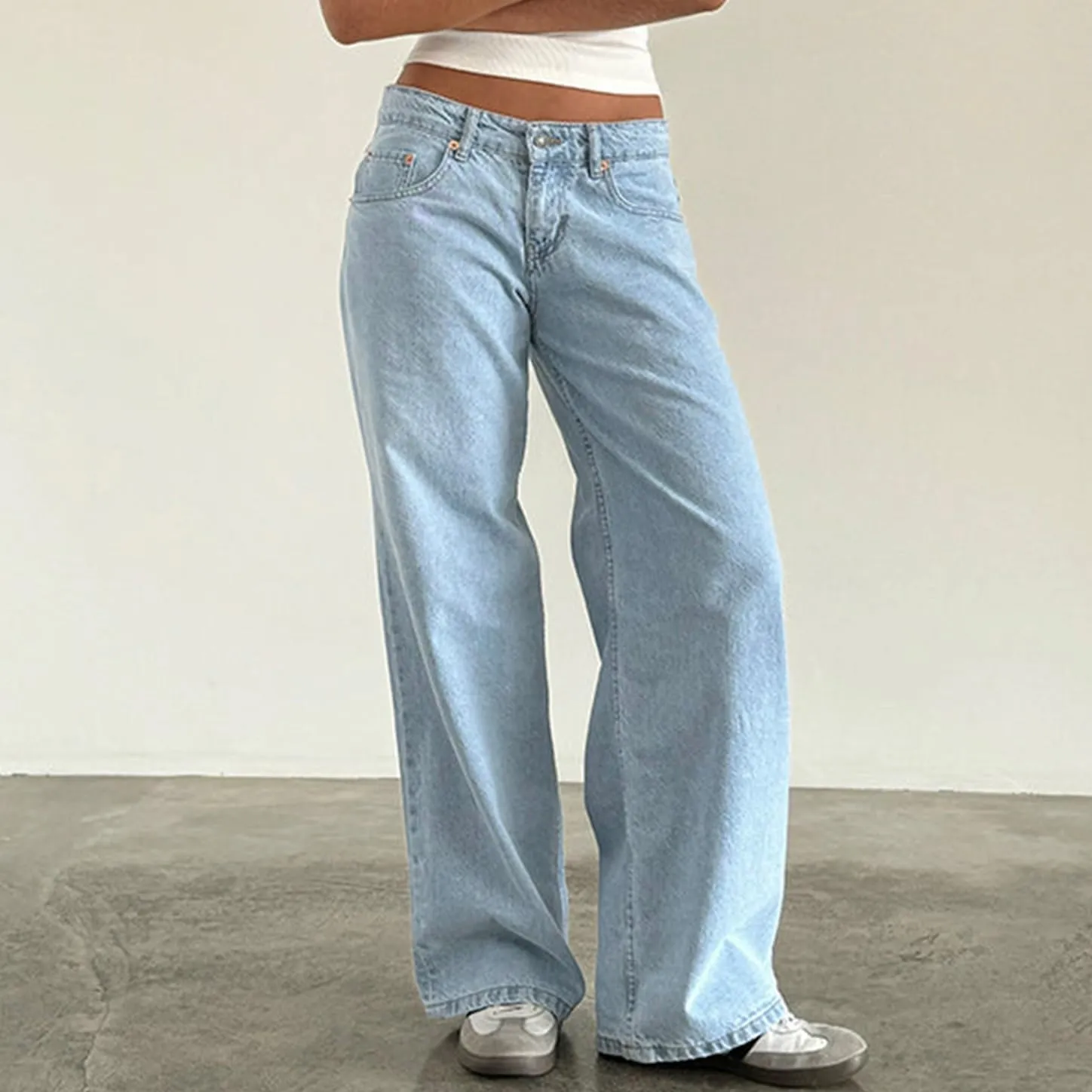 Women Straight Leg Boyfriend Jeans Low Waist Wide Leg Baggy Jeans Vintage Denim Pants