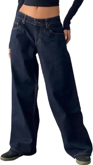 Women Straight Leg Boyfriend Jeans Low Waist Wide Leg Baggy Jeans Vintage Denim Pants