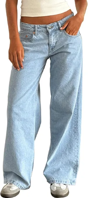 Women Straight Leg Boyfriend Jeans Low Waist Wide Leg Baggy Jeans Vintage Denim Pants