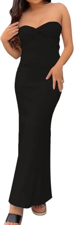 Women Strapless Knitted Maxi Dress Sexy Twisted Front Sleeveless Long Tube Dress Backless Bodycon Split Summer Sundress
