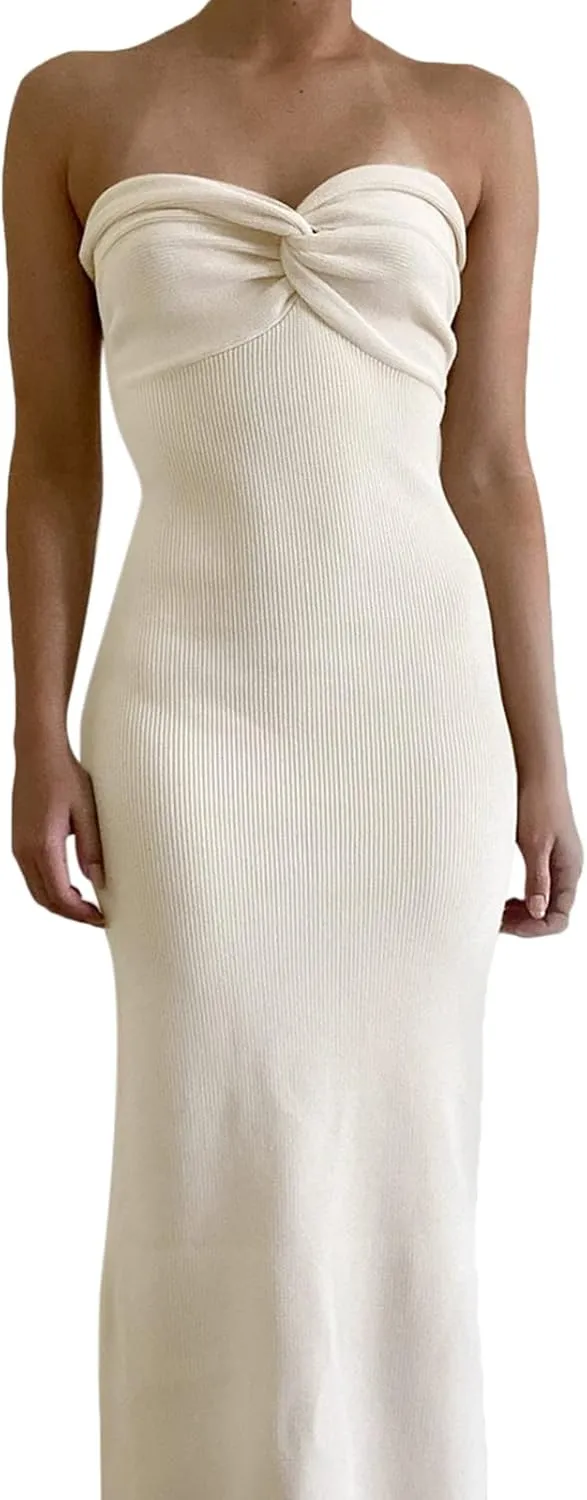 Women Strapless Knitted Maxi Dress Sexy Twisted Front Sleeveless Long Tube Dress Backless Bodycon Split Summer Sundress