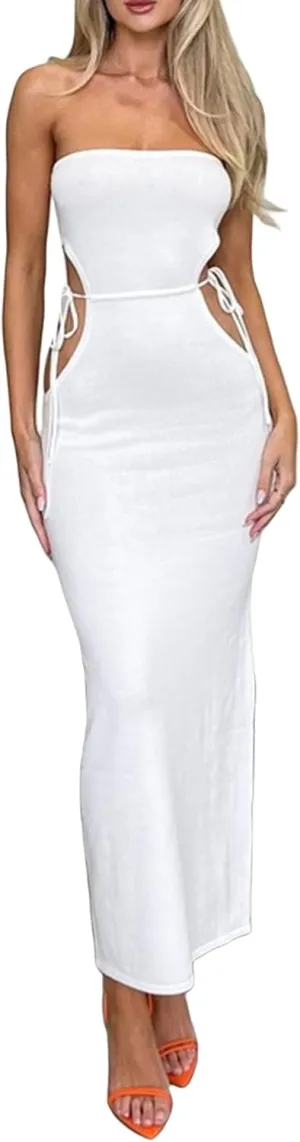 Women Strapless Knitted Maxi Dress Sexy Twisted Front Sleeveless Long Tube Dress Backless Bodycon Split Summer Sundress