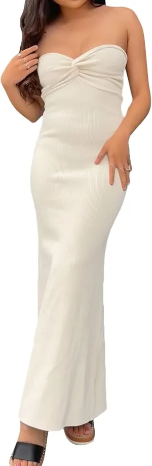 Women Strapless Knitted Maxi Dress Sexy Twisted Front Sleeveless Long Tube Dress Backless Bodycon Split Summer Sundress