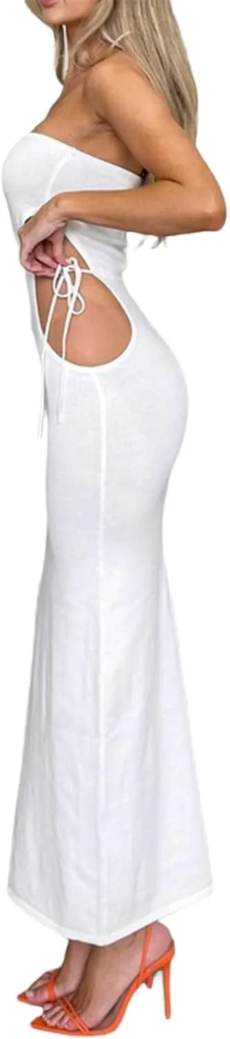 Women Strapless Knitted Maxi Dress Sexy Twisted Front Sleeveless Long Tube Dress Backless Bodycon Split Summer Sundress