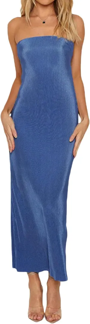 Women Strapless Knitted Maxi Dress Sexy Twisted Front Sleeveless Long Tube Dress Backless Bodycon Split Summer Sundress