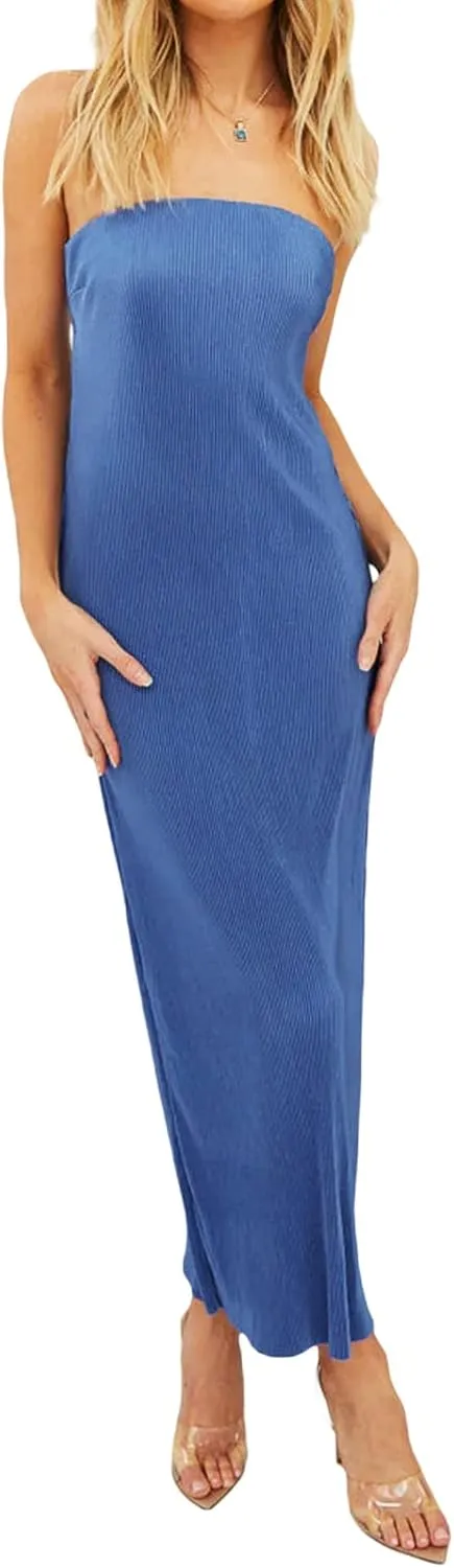 Women Strapless Knitted Maxi Dress Sexy Twisted Front Sleeveless Long Tube Dress Backless Bodycon Split Summer Sundress
