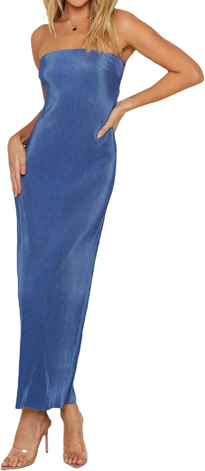 Women Strapless Knitted Maxi Dress Sexy Twisted Front Sleeveless Long Tube Dress Backless Bodycon Split Summer Sundress