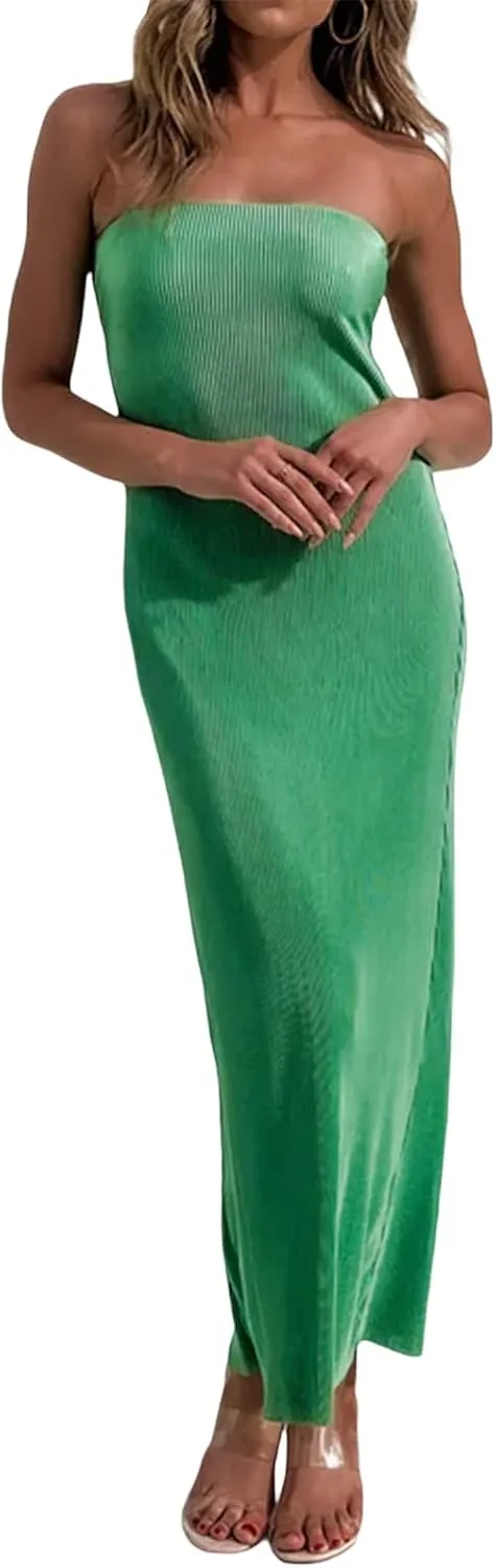 Women Strapless Knitted Maxi Dress Sexy Twisted Front Sleeveless Long Tube Dress Backless Bodycon Split Summer Sundress
