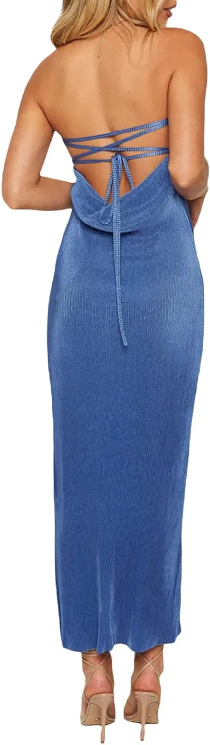 Women Strapless Knitted Maxi Dress Sexy Twisted Front Sleeveless Long Tube Dress Backless Bodycon Split Summer Sundress