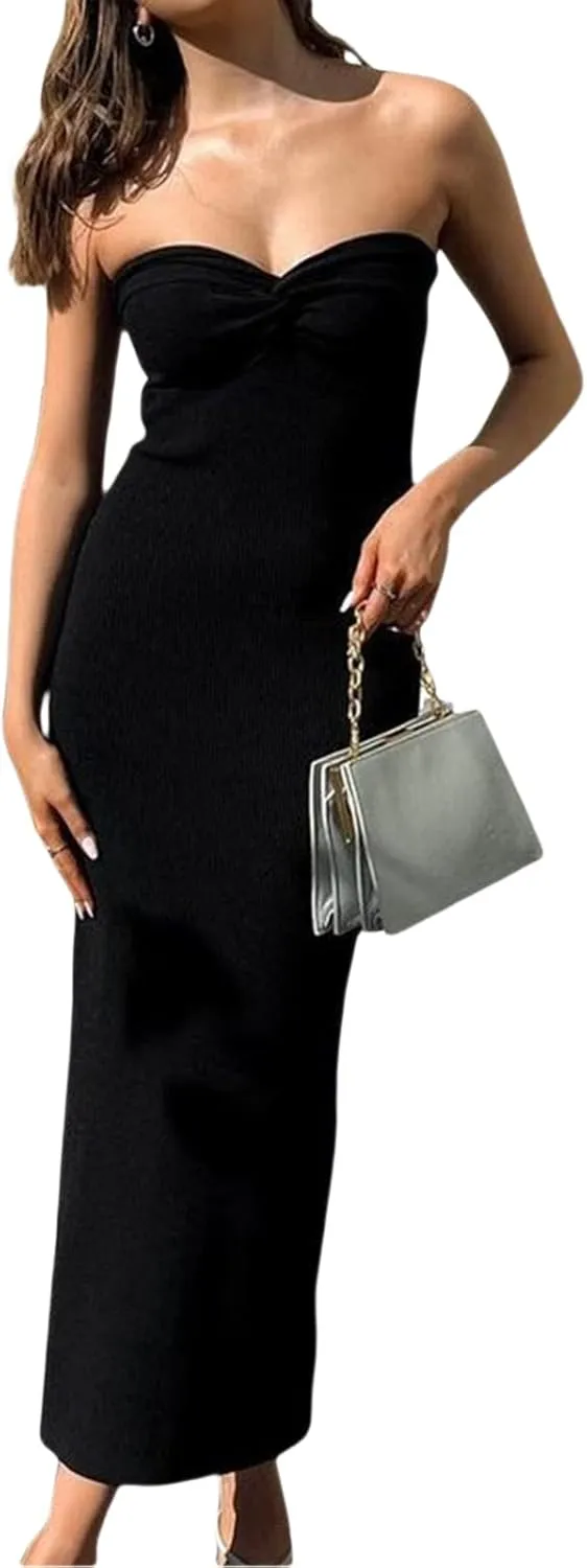 Women Strapless Knitted Maxi Dress Sexy Twisted Front Sleeveless Long Tube Dress Backless Bodycon Split Summer Sundress