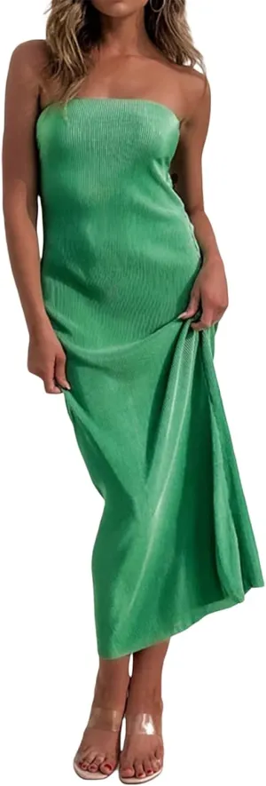 Women Strapless Knitted Maxi Dress Sexy Twisted Front Sleeveless Long Tube Dress Backless Bodycon Split Summer Sundress