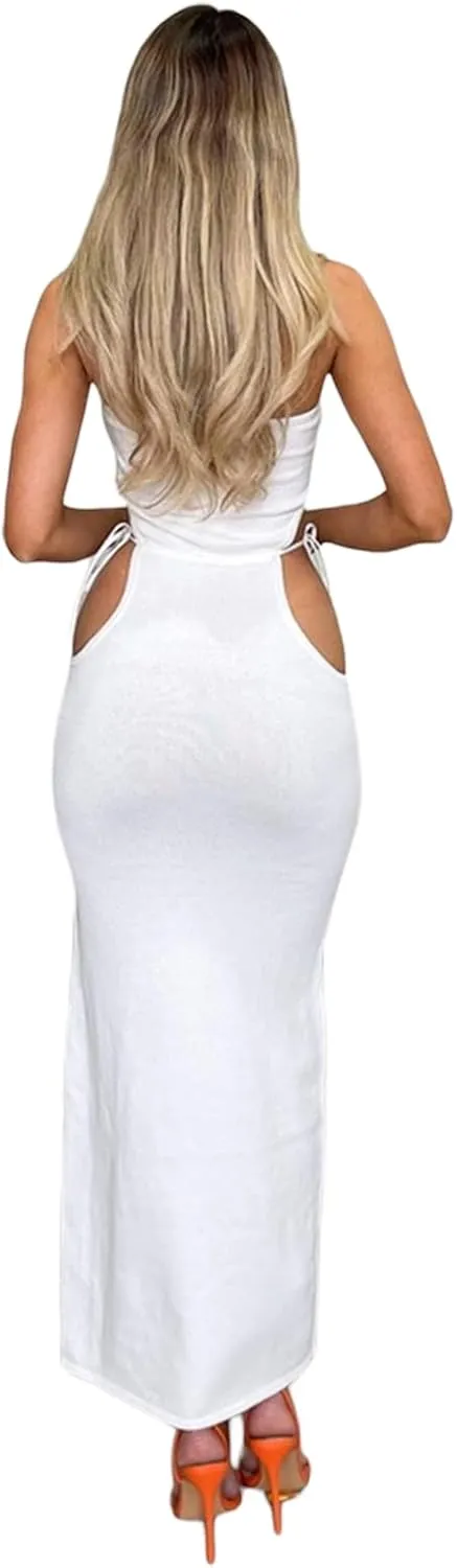 Women Strapless Knitted Maxi Dress Sexy Twisted Front Sleeveless Long Tube Dress Backless Bodycon Split Summer Sundress