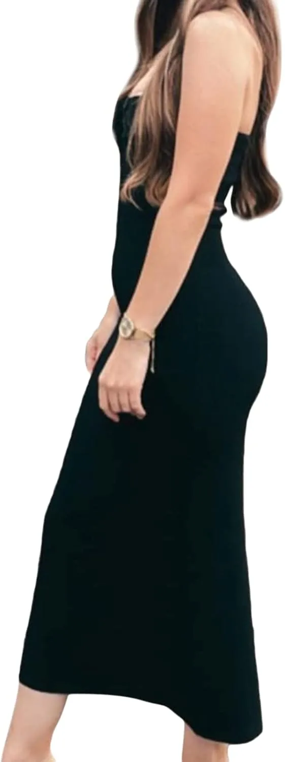 Women Strapless Knitted Maxi Dress Sexy Twisted Front Sleeveless Long Tube Dress Backless Bodycon Split Summer Sundress