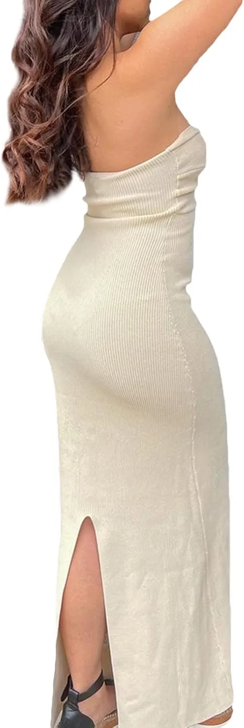 Women Strapless Knitted Maxi Dress Sexy Twisted Front Sleeveless Long Tube Dress Backless Bodycon Split Summer Sundress