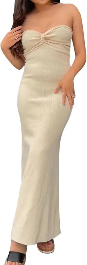 Women Strapless Knitted Maxi Dress Sexy Twisted Front Sleeveless Long Tube Dress Backless Bodycon Split Summer Sundress