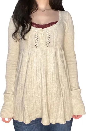 Women Vintage Solid Color Sweater Top Long Sleeve Button Front Knitted Top Retro Y2K Fairy Grunge Aesthetic Knitwear