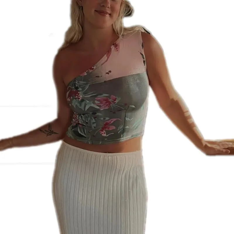 Women Y2k Floral Tank Top One Shoulder Graphic Top Backless Sleeveless Slim Fit Going Out Camisole Cute Streetwear
