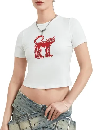 Women Y2k Graphic T-Shirt Crew Neck Short Sleeve Baby Tee Summer Crop Tops 00S Aesthetic Going Out Tops Streetwear
