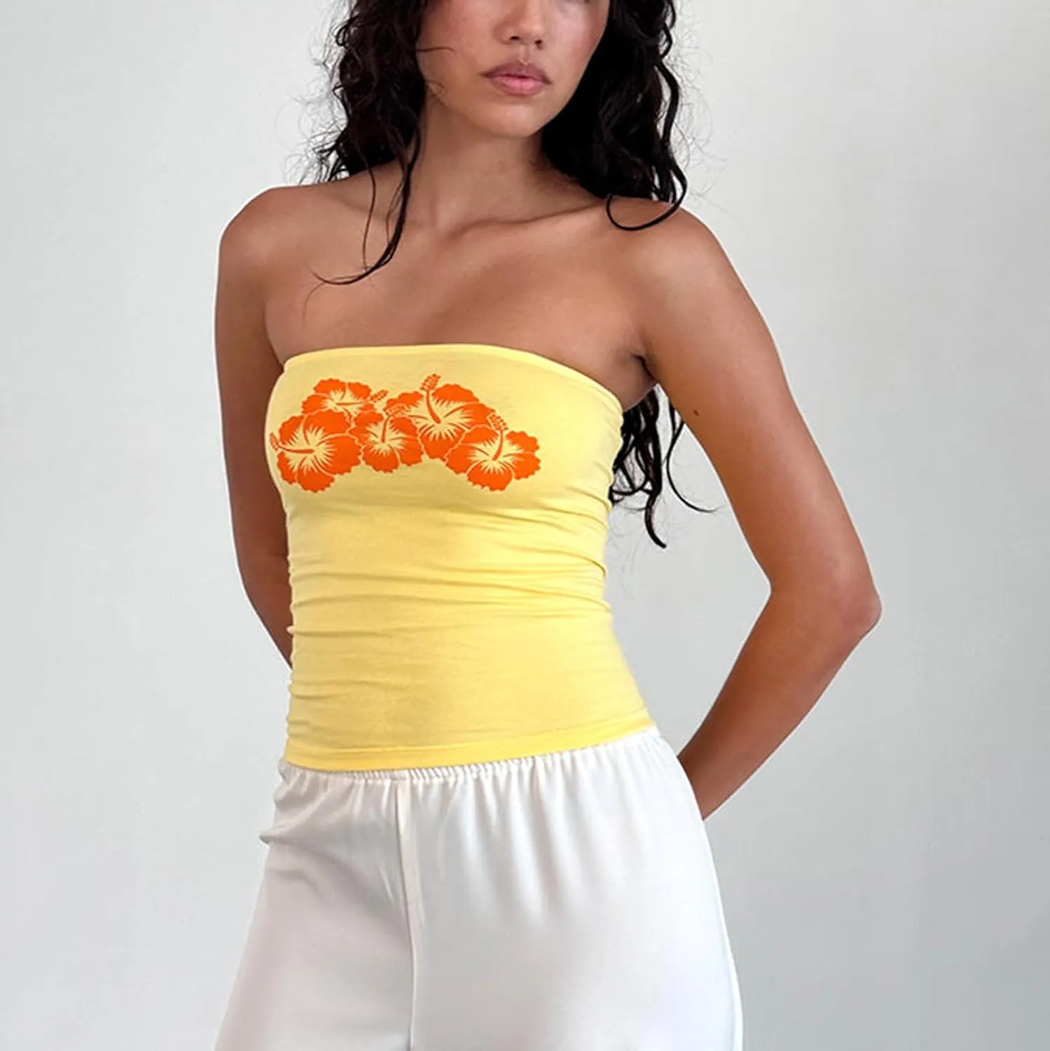 Women Y2k Tube Top Strapless Floral Print Bandeau Top Summer Aesthetic Sleveeless Tanks Going Out Tops