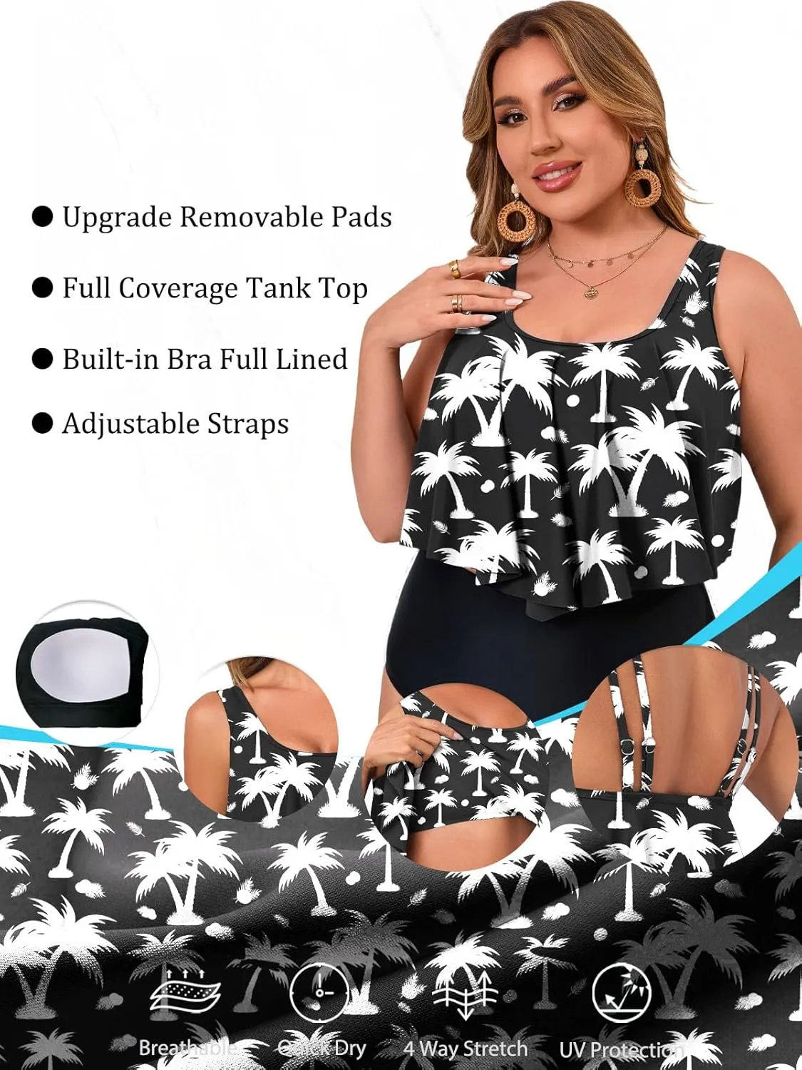 Women's Bikini Top Tankini Tops Push Up Bathing Suit Top Flounce Swimsuit Tops Swim Bra for Large Bust