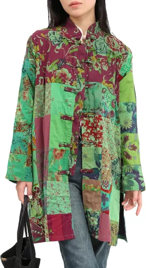 Women's Boho Floral Patchwork Jacket Lightweight Color-Blocked Plaid Windbreaker Coat for Spring & Fall
