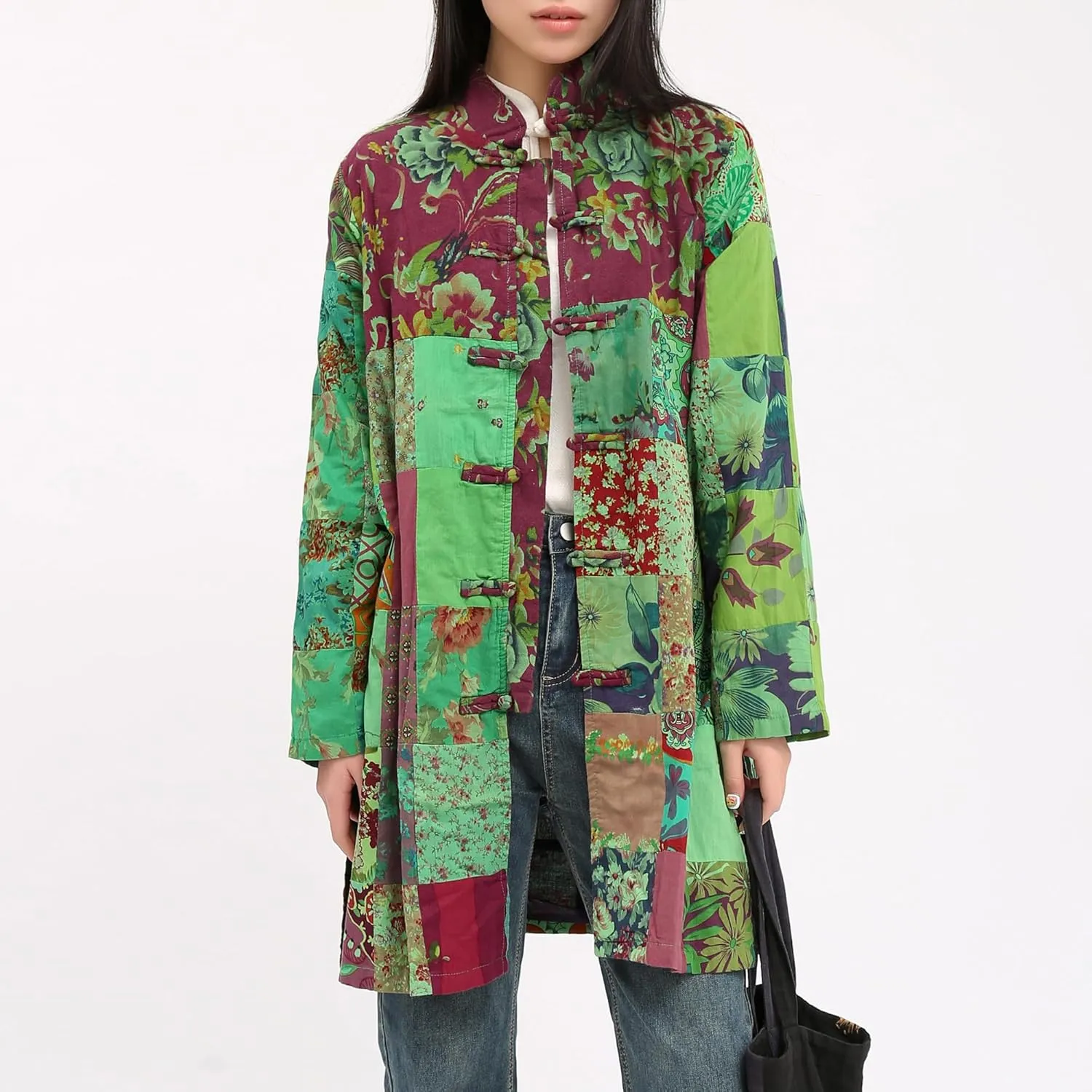 Women's Boho Floral Patchwork Jacket Lightweight Color-Blocked Plaid Windbreaker Coat for Spring & Fall