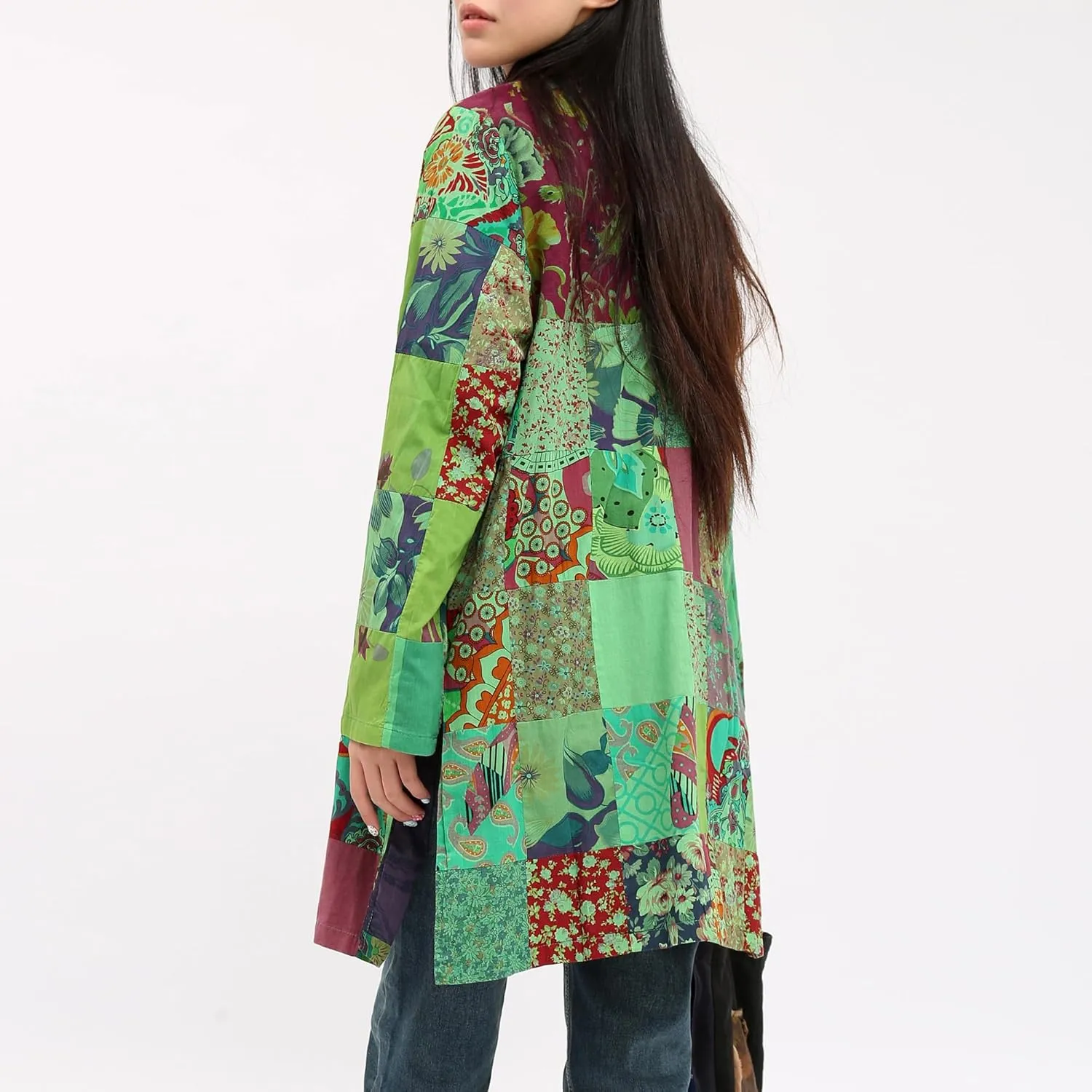 Women's Boho Floral Patchwork Jacket Lightweight Color-Blocked Plaid Windbreaker Coat for Spring & Fall