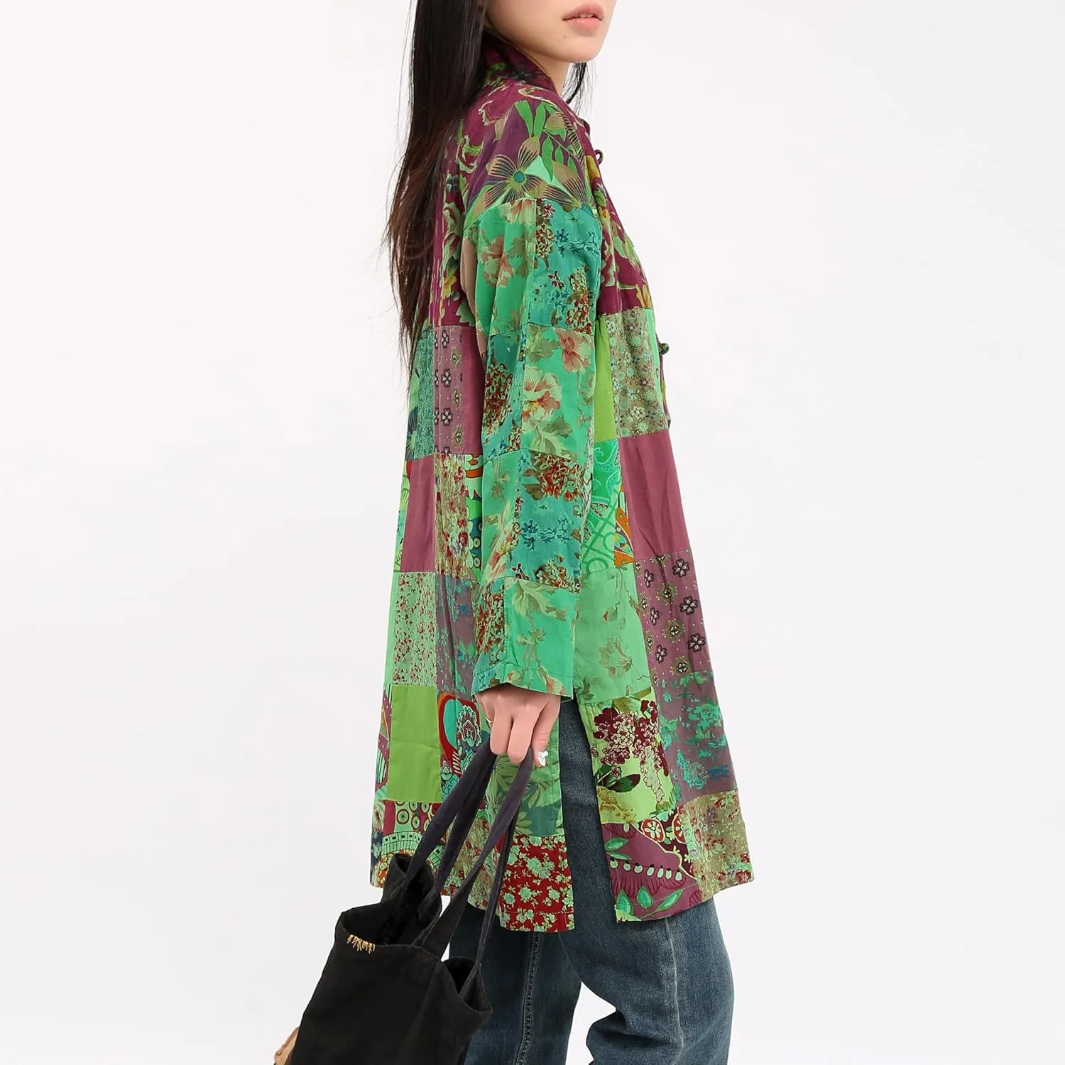 Women's Boho Floral Patchwork Jacket Lightweight Color-Blocked Plaid Windbreaker Coat for Spring & Fall