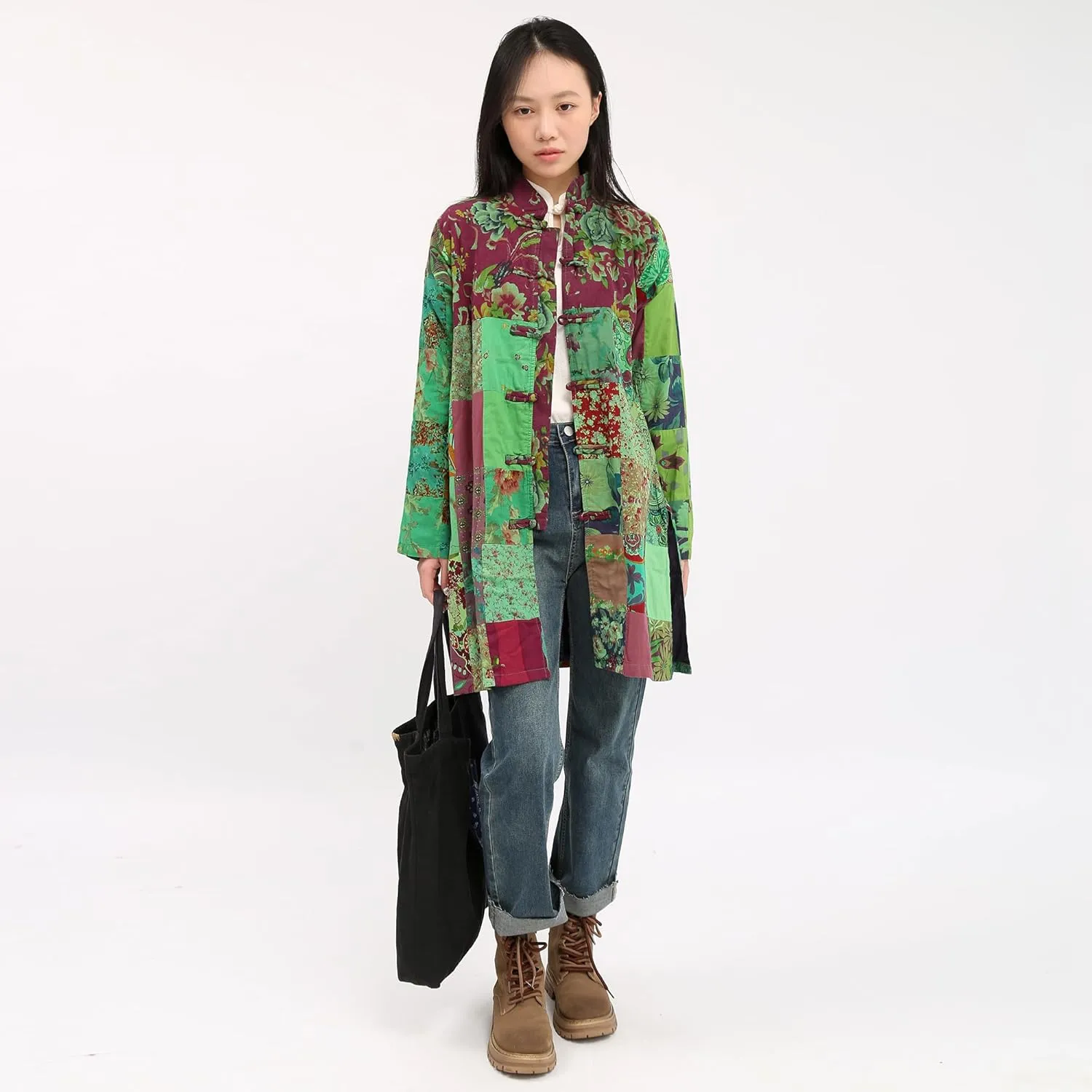 Women's Boho Floral Patchwork Jacket Lightweight Color-Blocked Plaid Windbreaker Coat for Spring & Fall